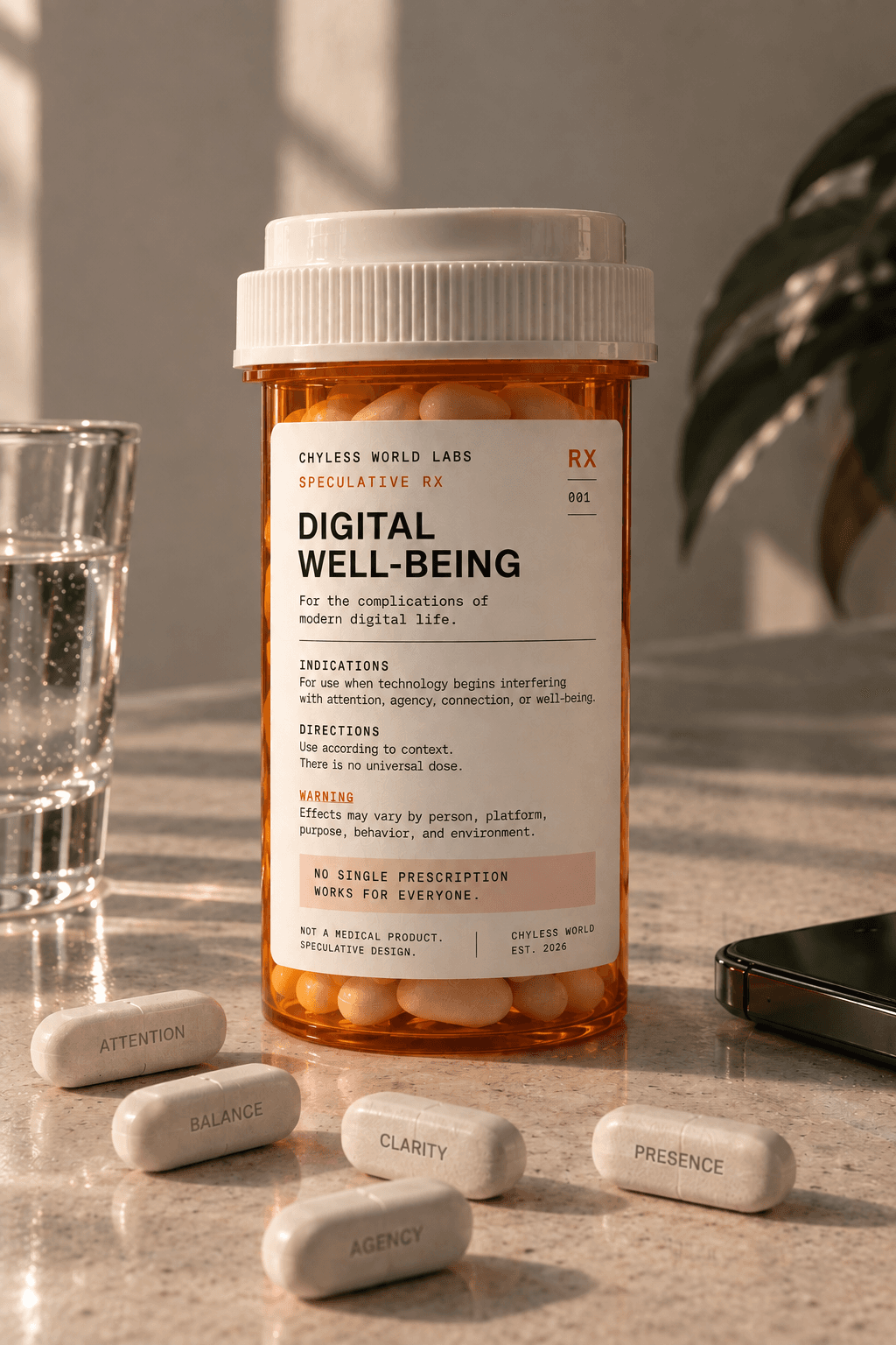 A prescription bottle labeled 'Digital Well-Being — Speculative Rx' by Chyless World Labs, surrounded by capsules stamped with words like Attention, Balance, Clarity, Agency, and Presence, on a countertop.